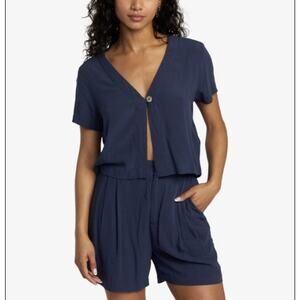 RVCA Vista V Neck Open Front Crop Top Women's Large Blue Flowy Woven Button